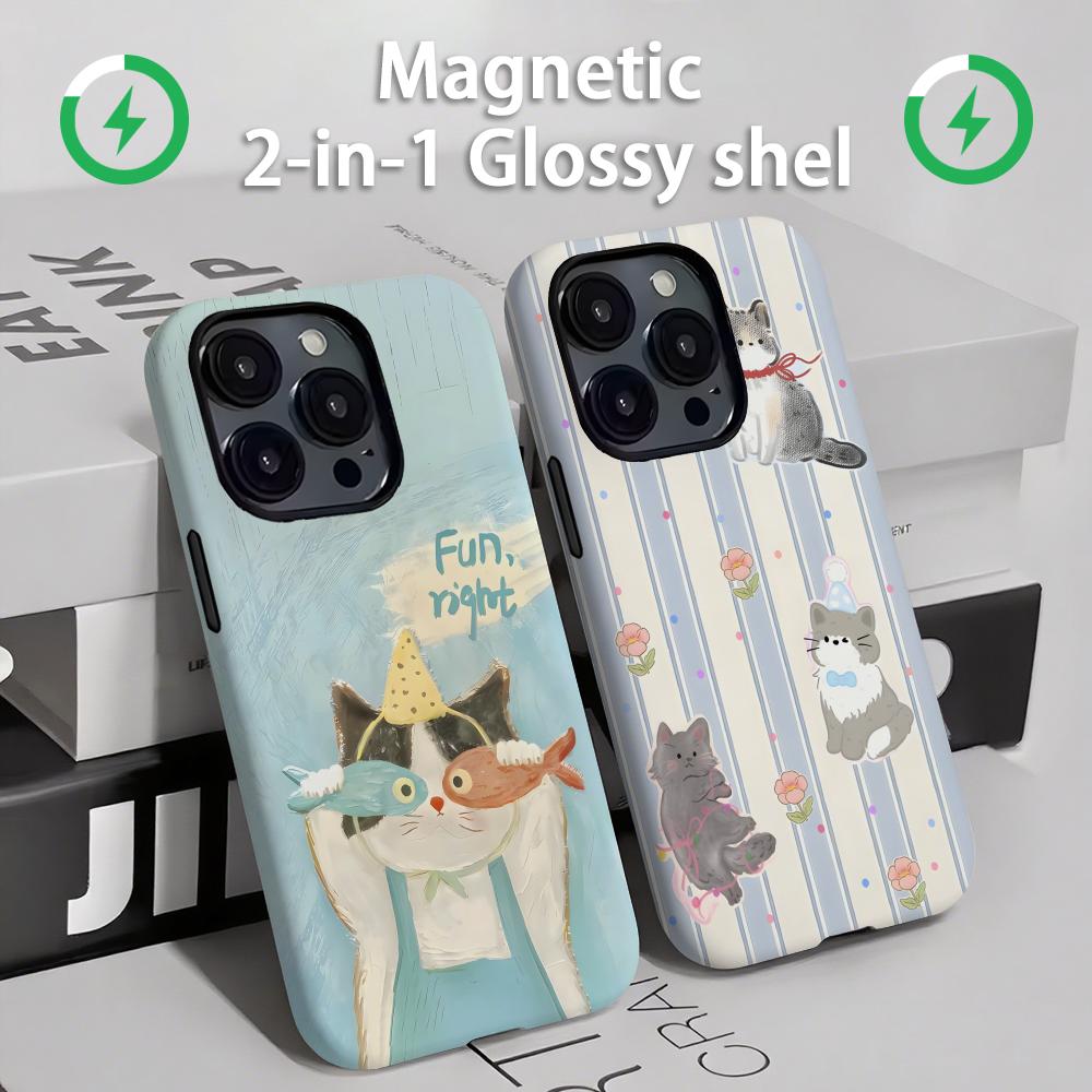 Phone Accessories List - แมวและสุนัขน่ารักเคสโทรศัพท์แม่เหล็ก 2-in-1 Glossy SHELL สําหรับ iPhone